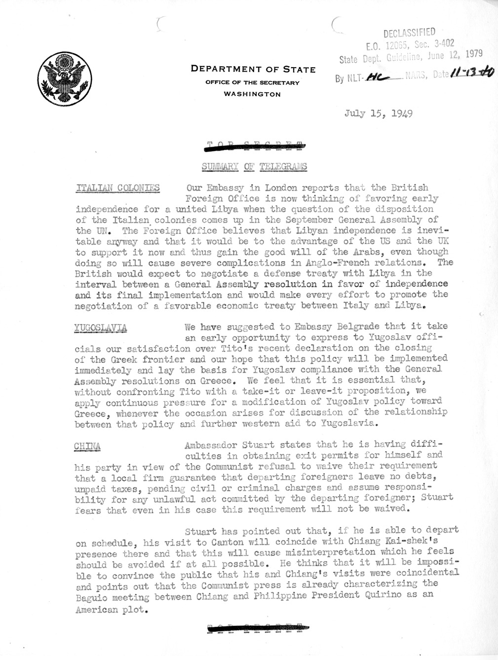 Memorandum, Department of State Summary of Telegrams