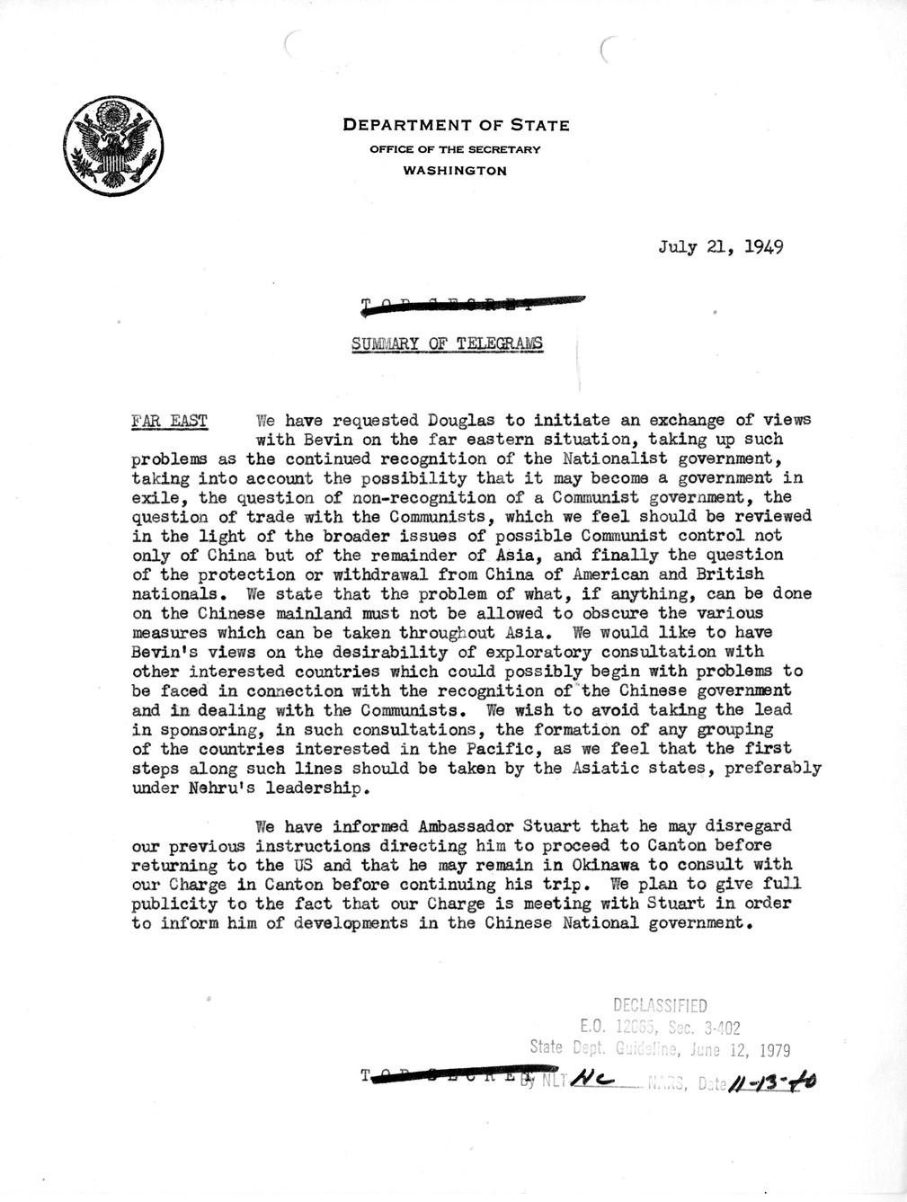 Memorandum, Department of State Summary of Telegrams