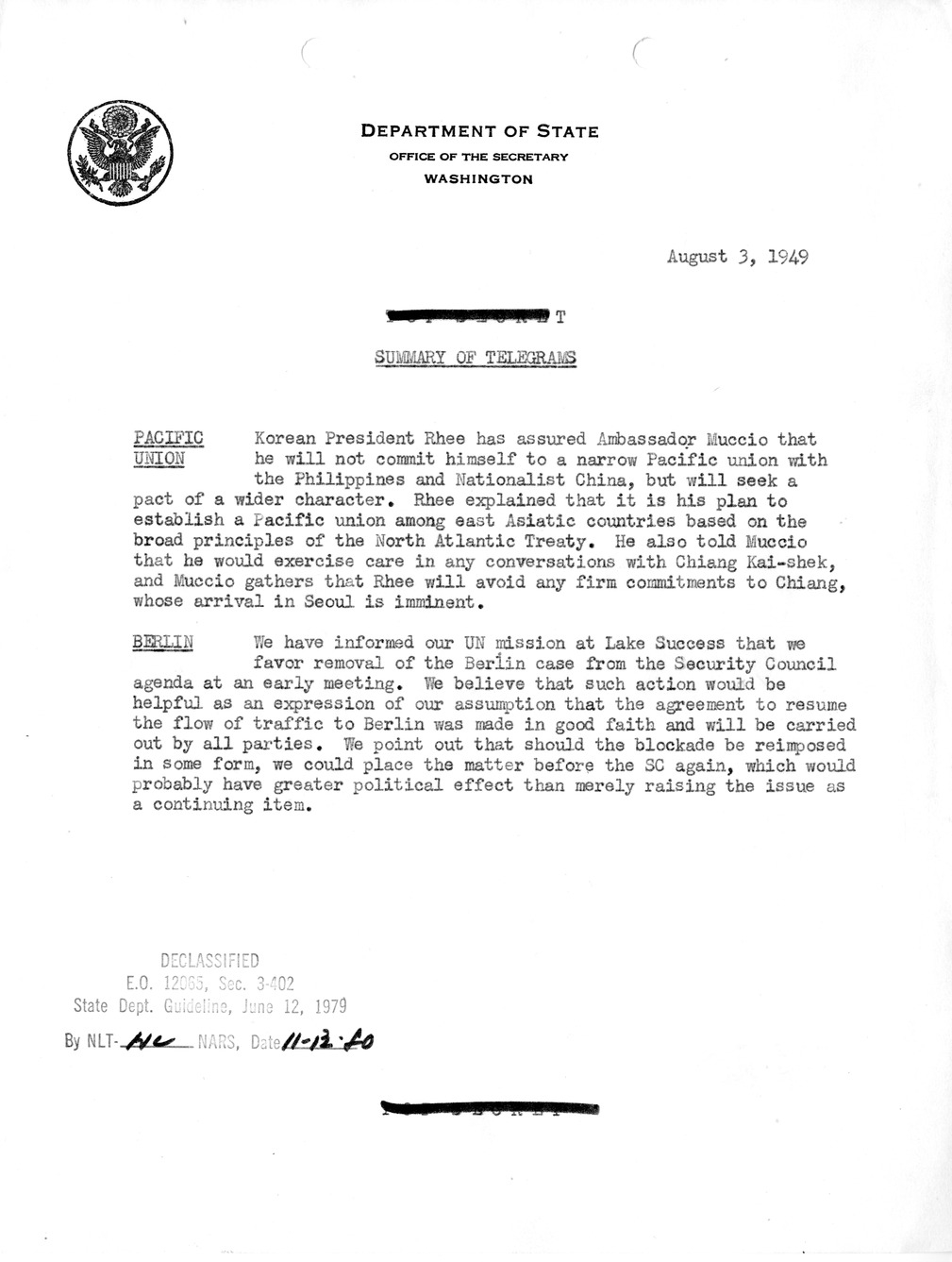 Memorandum, Department of State Summary of Telegrams