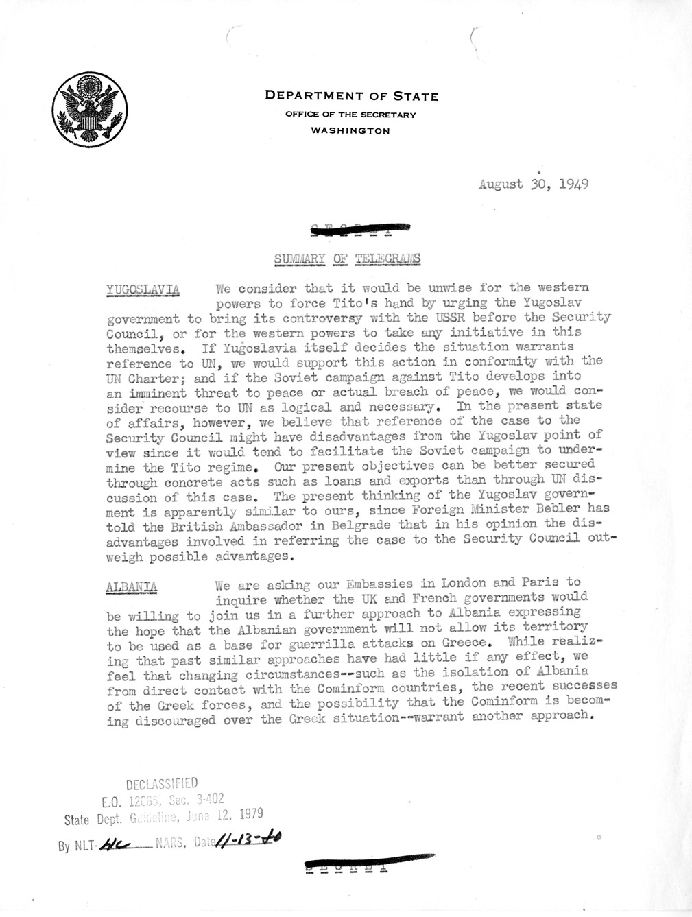 Memorandum, Department of State Summary of Telegrams