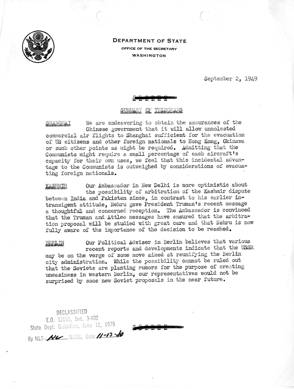 Memorandum, Department of State Summary of Telegrams