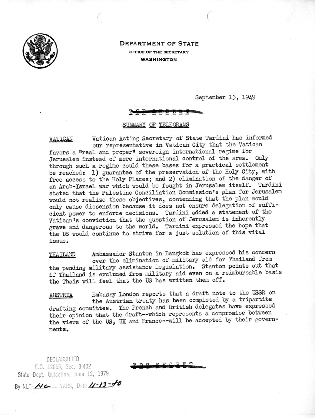 Memorandum, State Department Summary of Telegrams