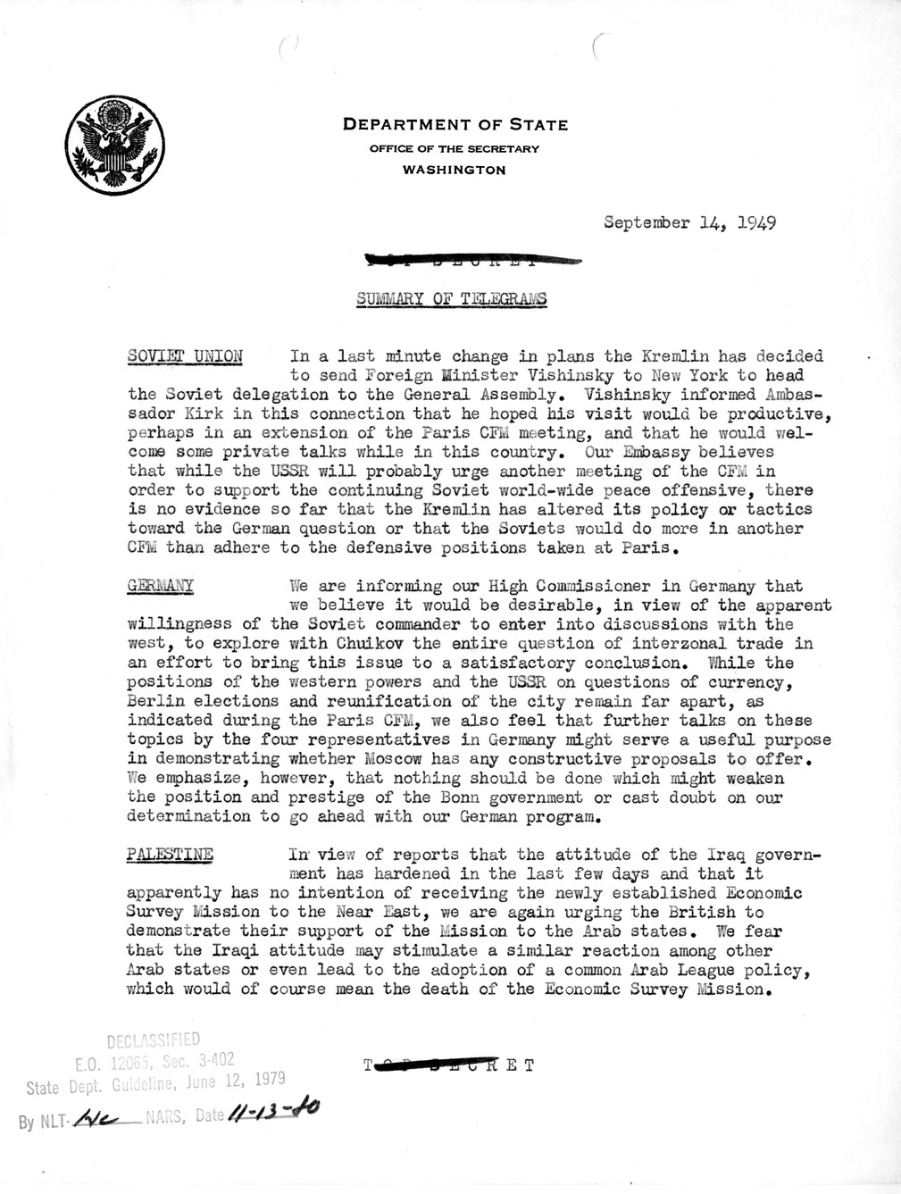 Memorandum, State Department Summary of Telegrams