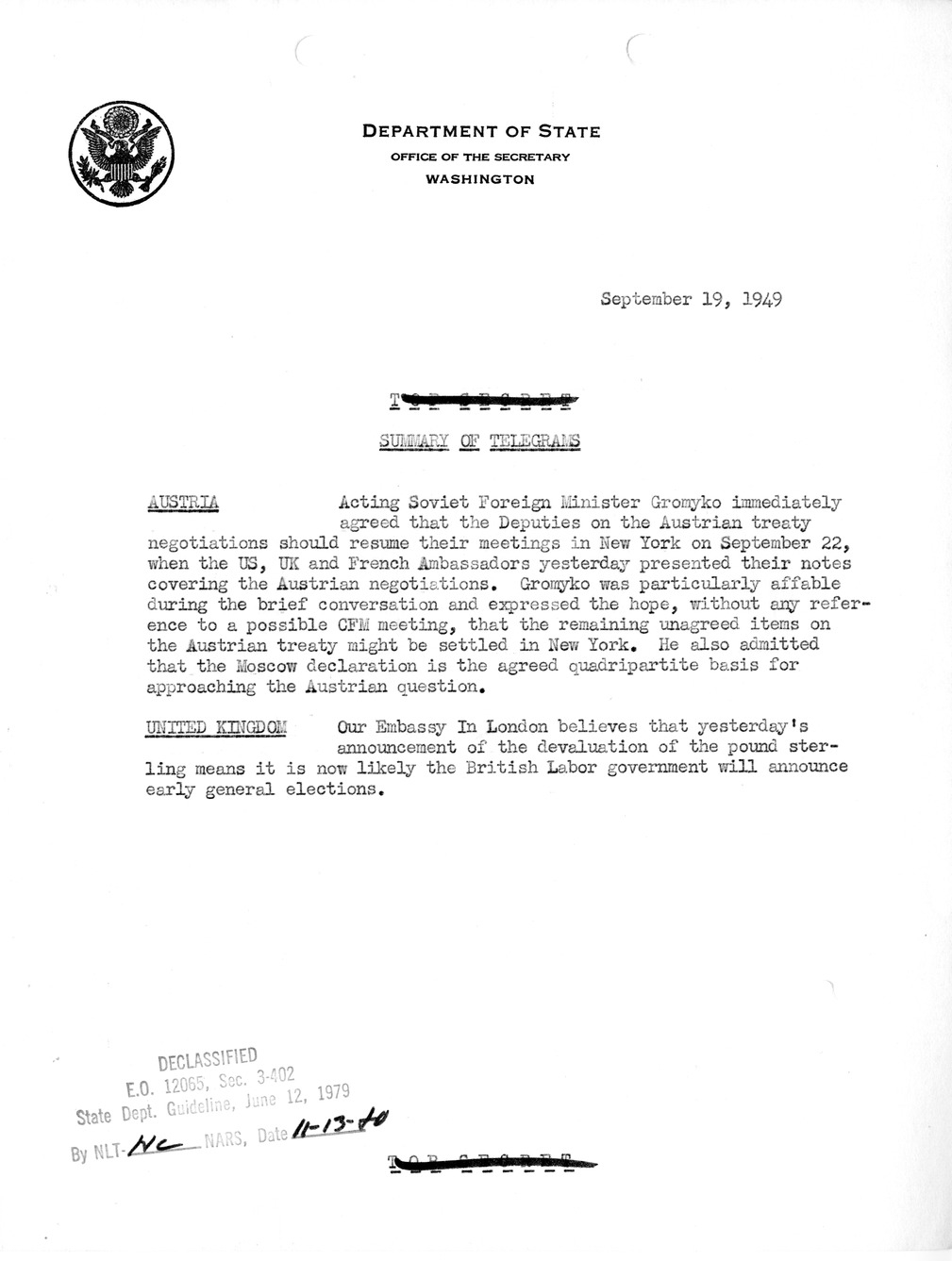 Memorandum, Department of State Summary of Telegrams