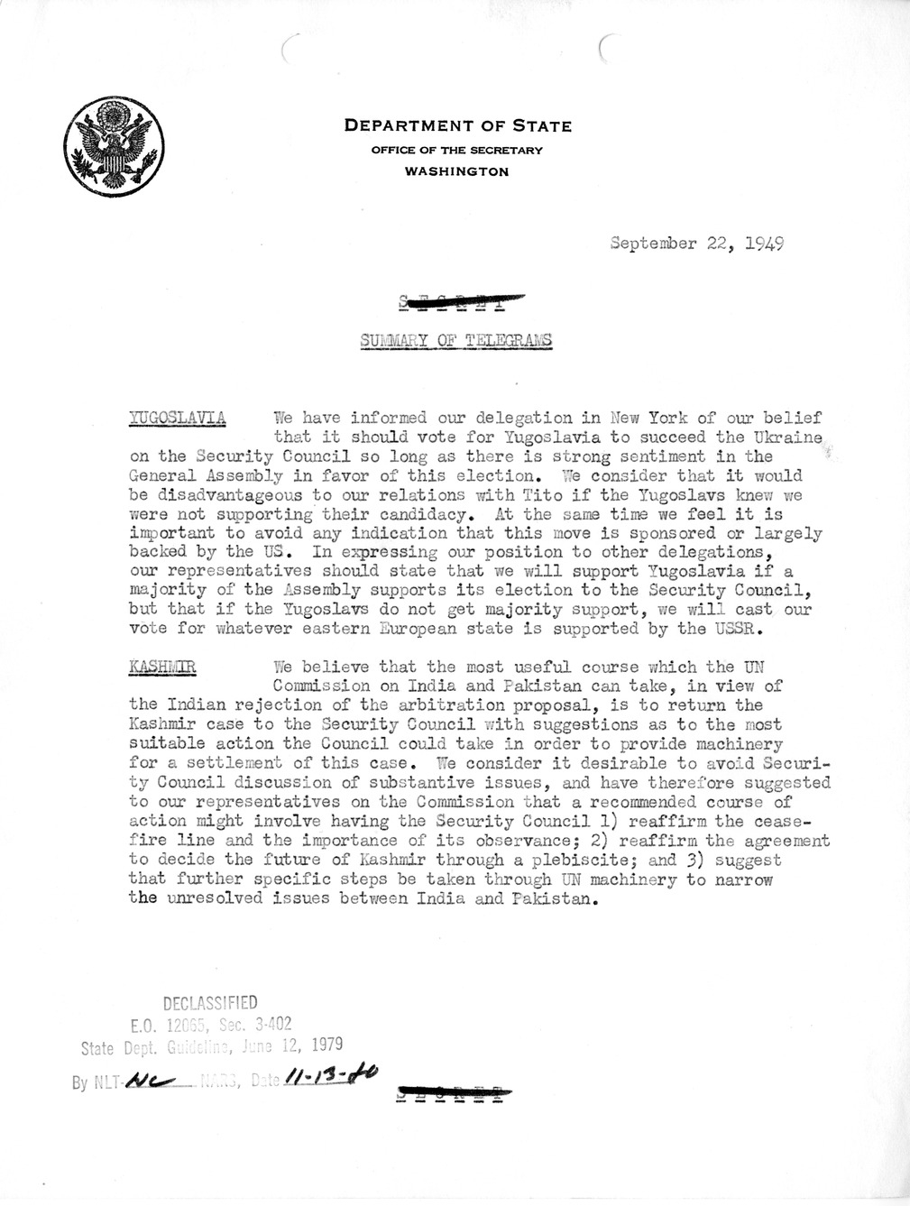 Memorandum, State Department Summary of Telegrams