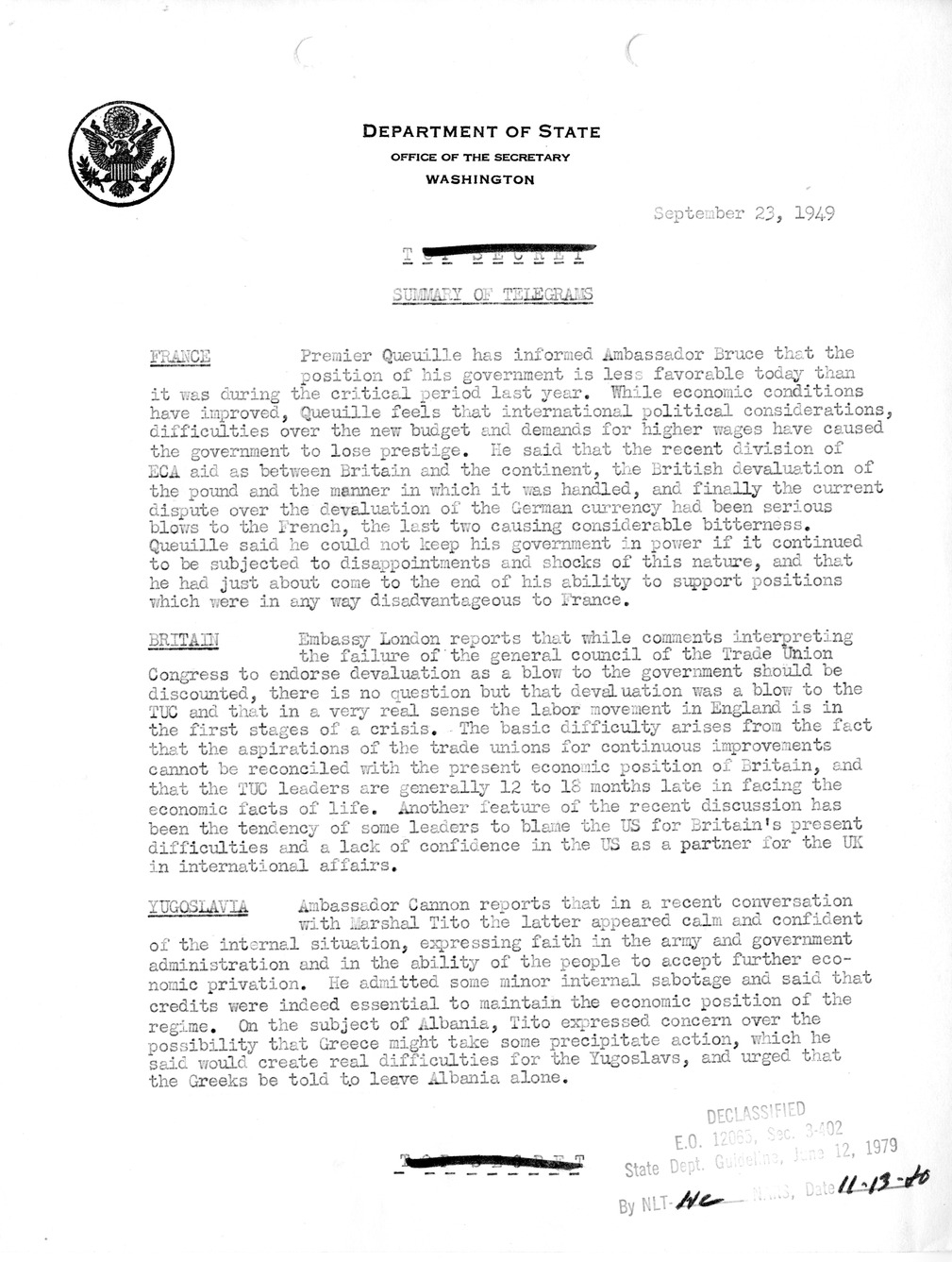 Memorandum, Department of State Summary of Telegrams