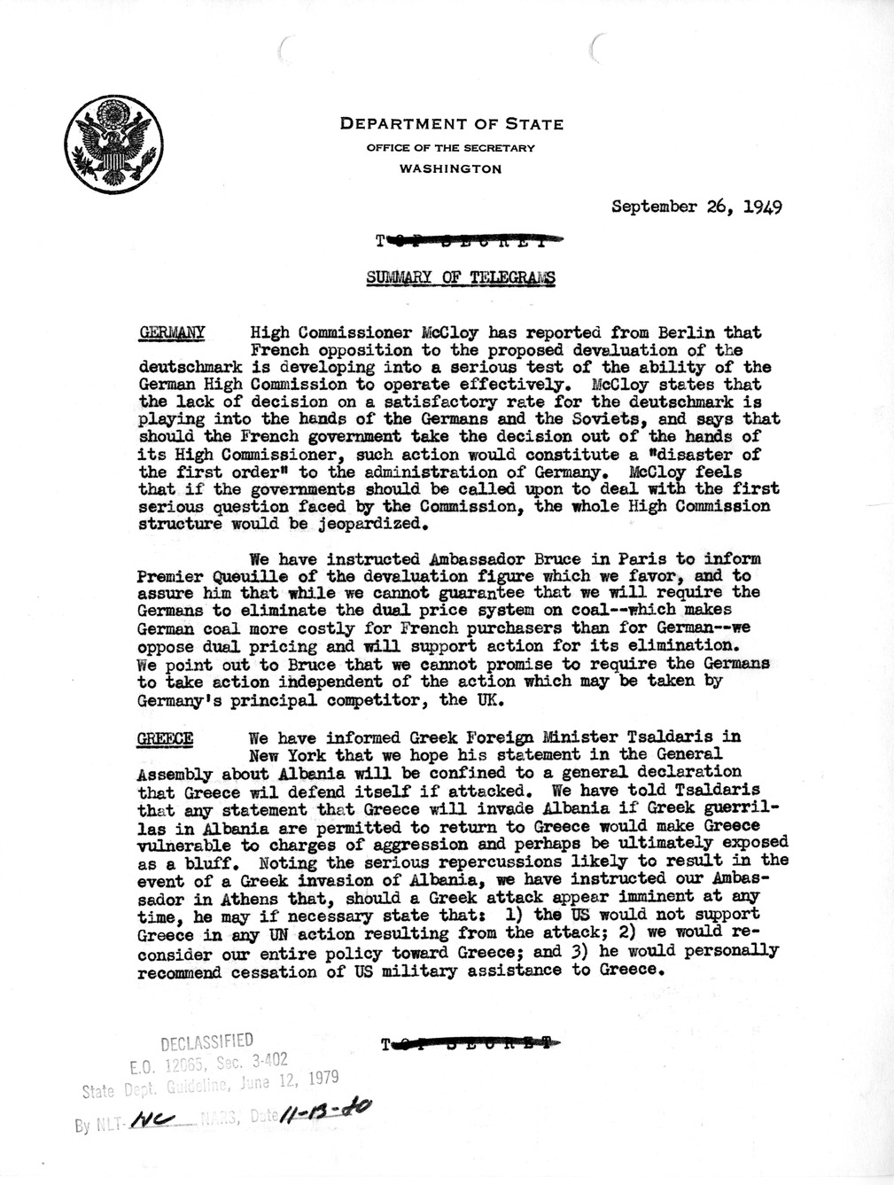 Memorandum, Department of State Summary of Telegrams