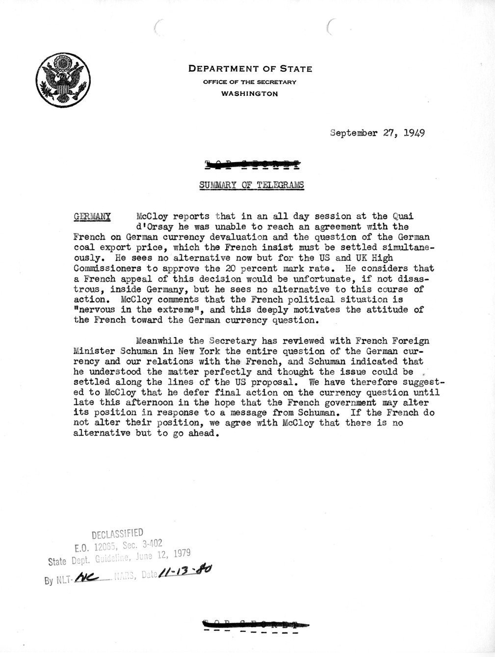 Memorandum, Department of State Summary of Telegrams