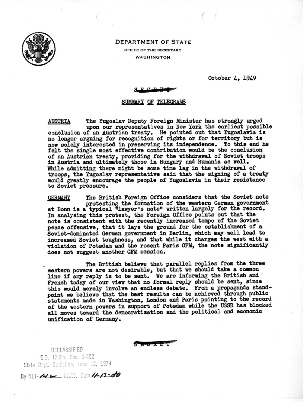 Memorandum, Department of State Summary of Telegrams