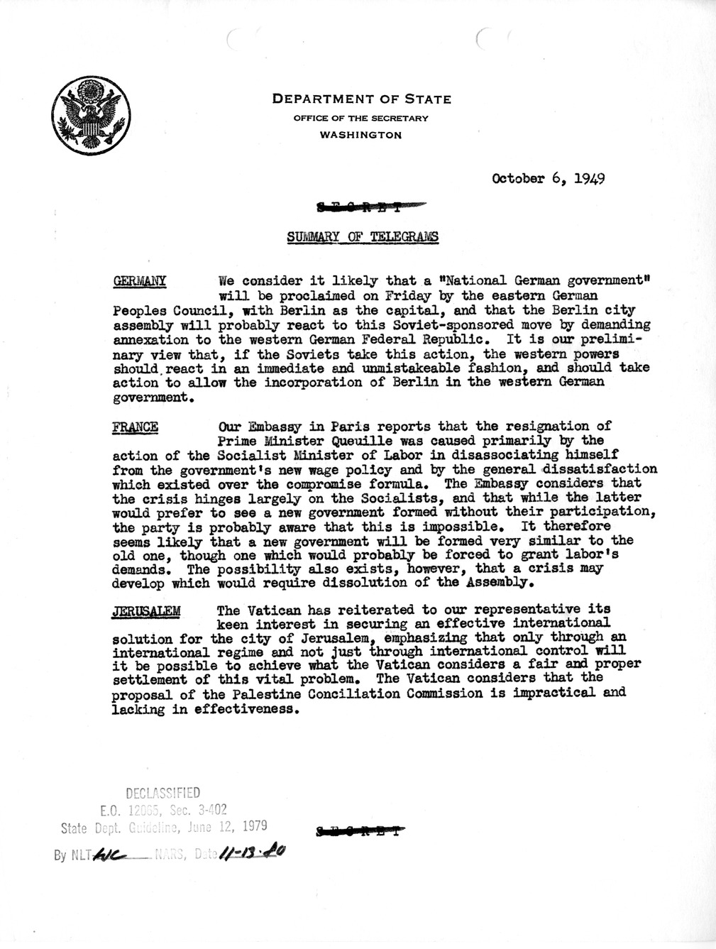 Memorandum, Department of State Summary of Telegrams