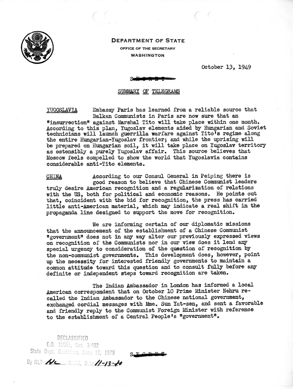 Memorandum, State Department Summary of Telegrams