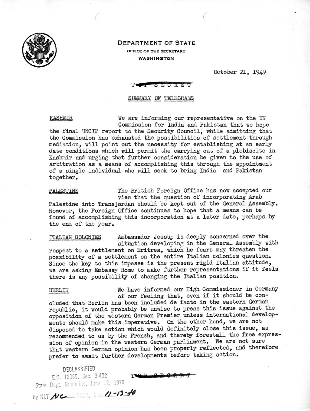 Memorandum, Department of State Summary of Telegrams