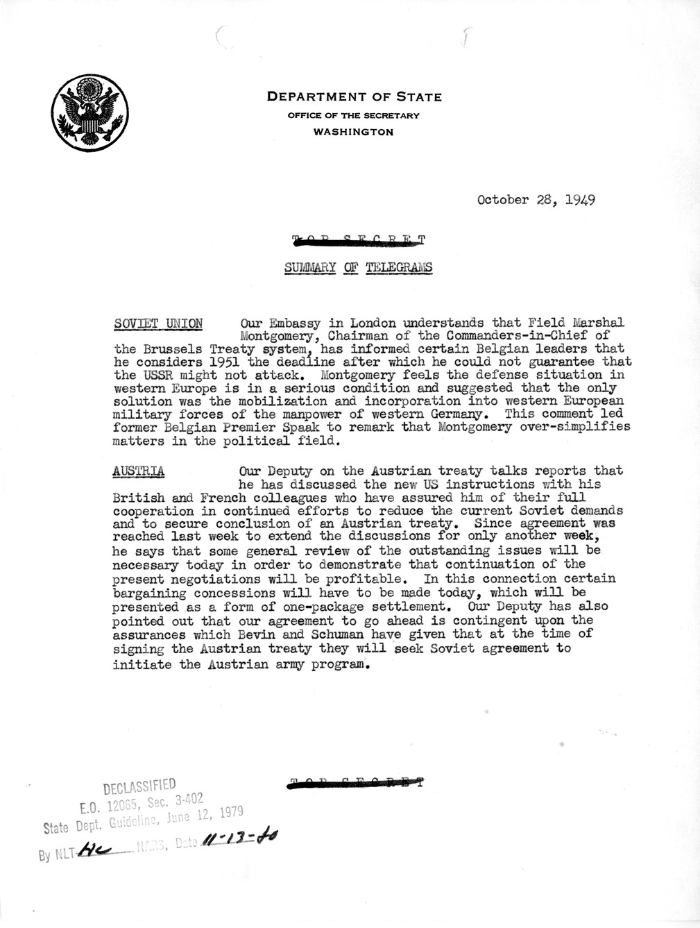 Memorandum, Department of State Summary of Telegrams