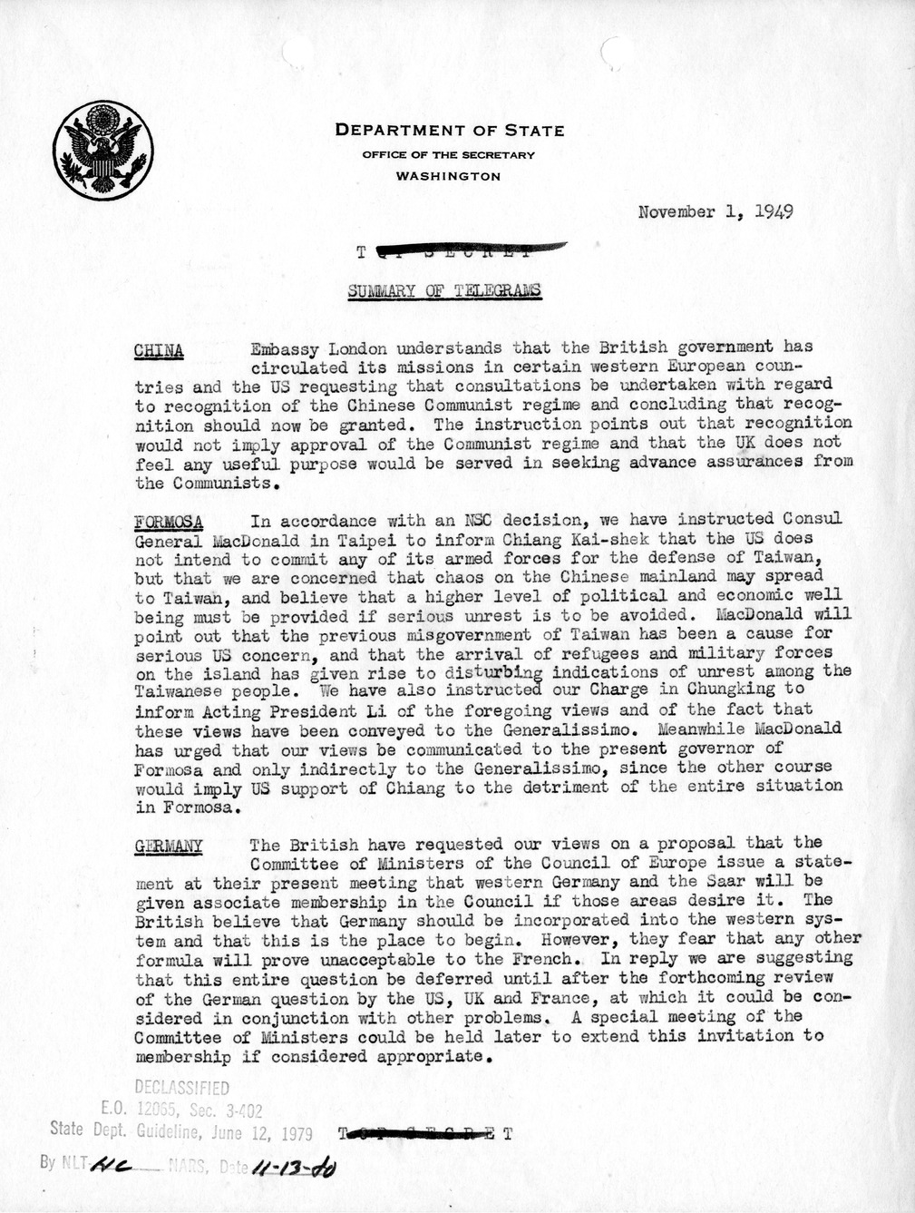 Memorandum, Department of State Summary of Telegrams