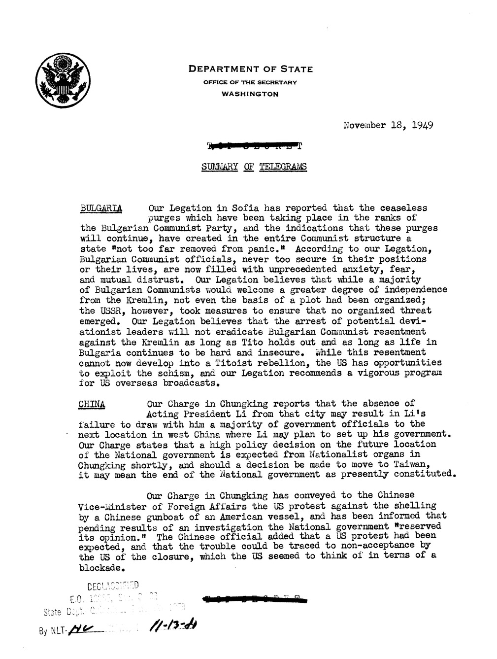 Memorandum, State Department Summary of Telegrams