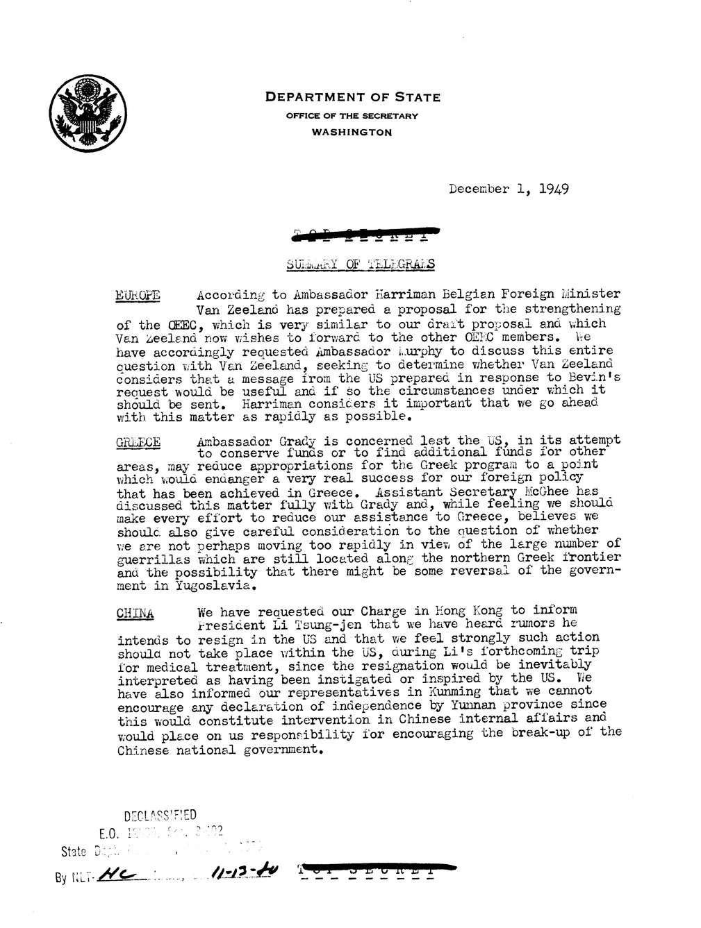 Memorandum, Department of State Summary of Telegrams