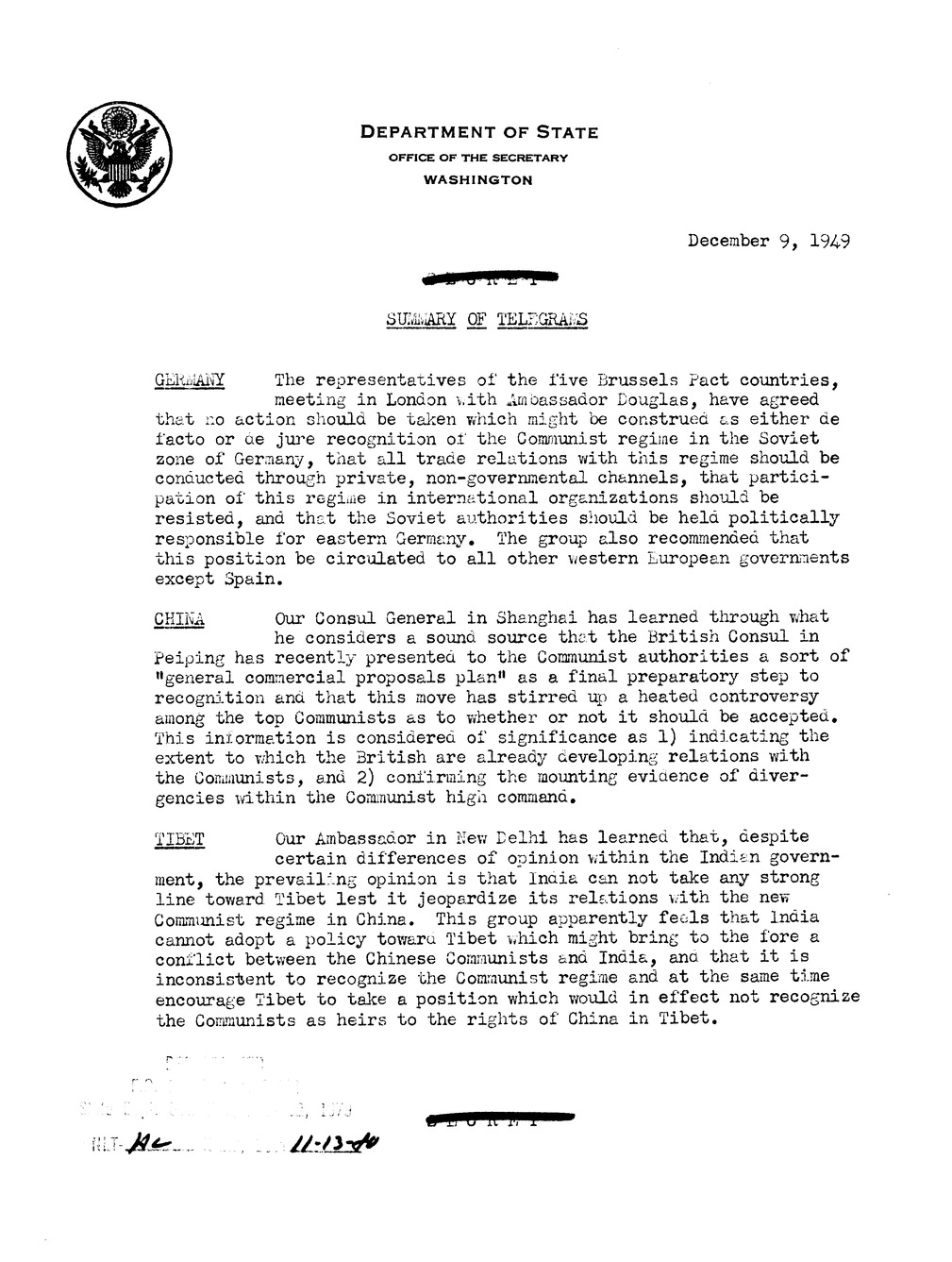 Memorandum, Department of State Summary of Telegrams