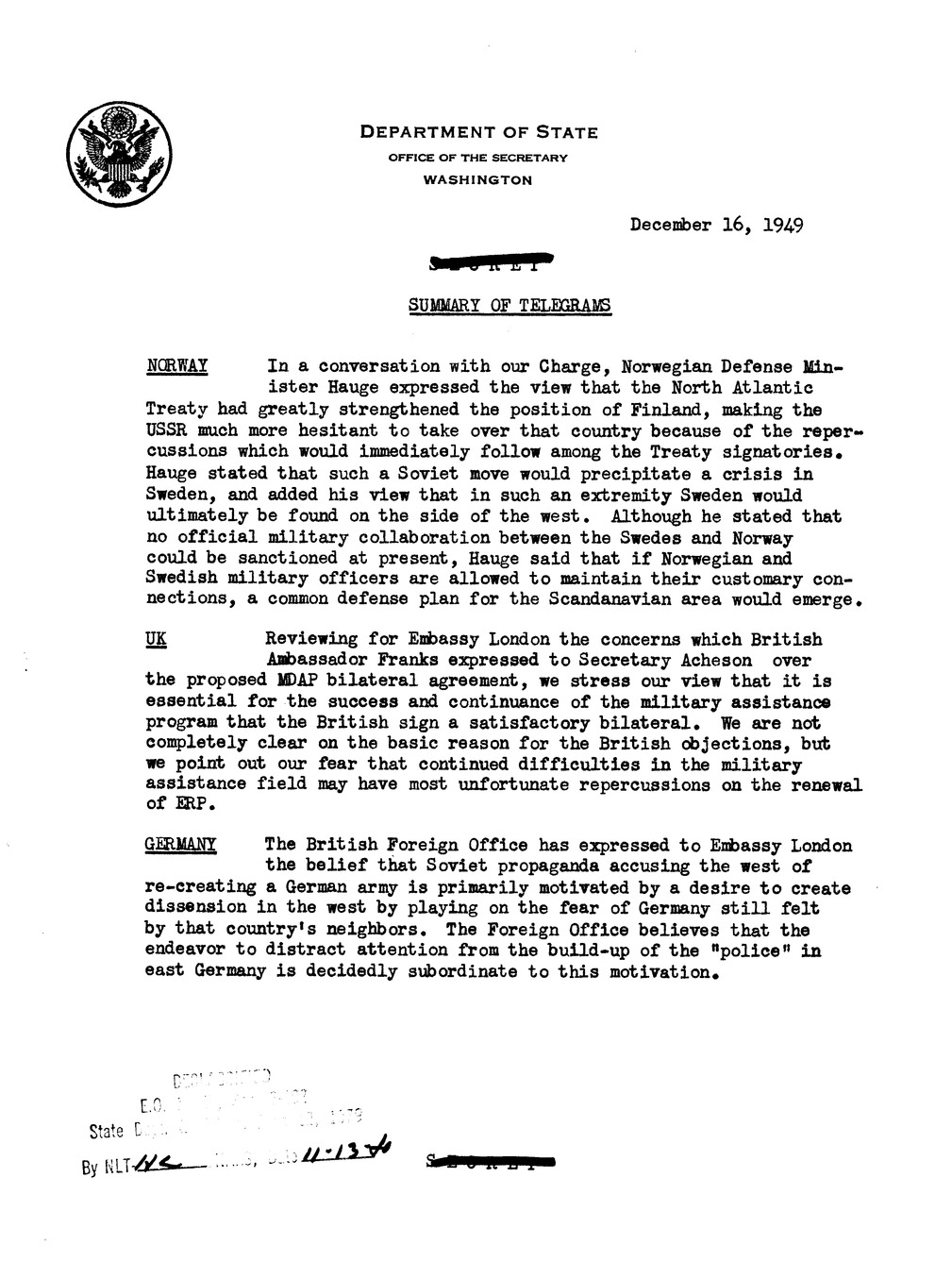 Memorandum, Department of State Summary of Telegrams