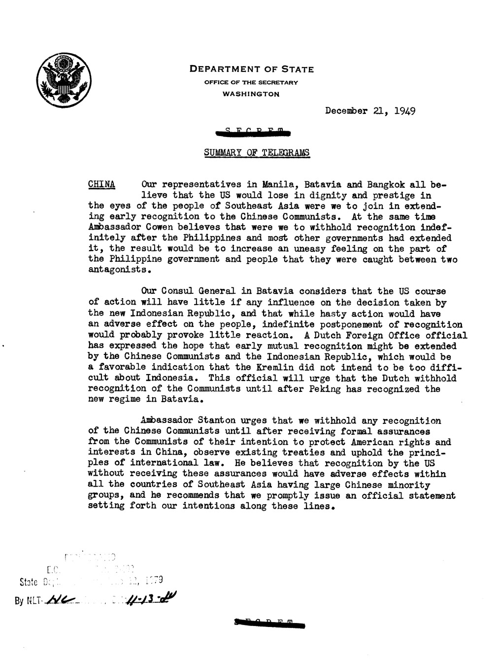 Memorandum, Department of State Summary of Telegrams