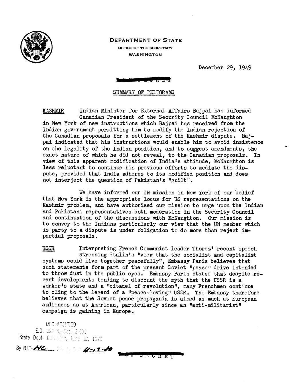 Memorandum, Department of State Summary of Telegrams