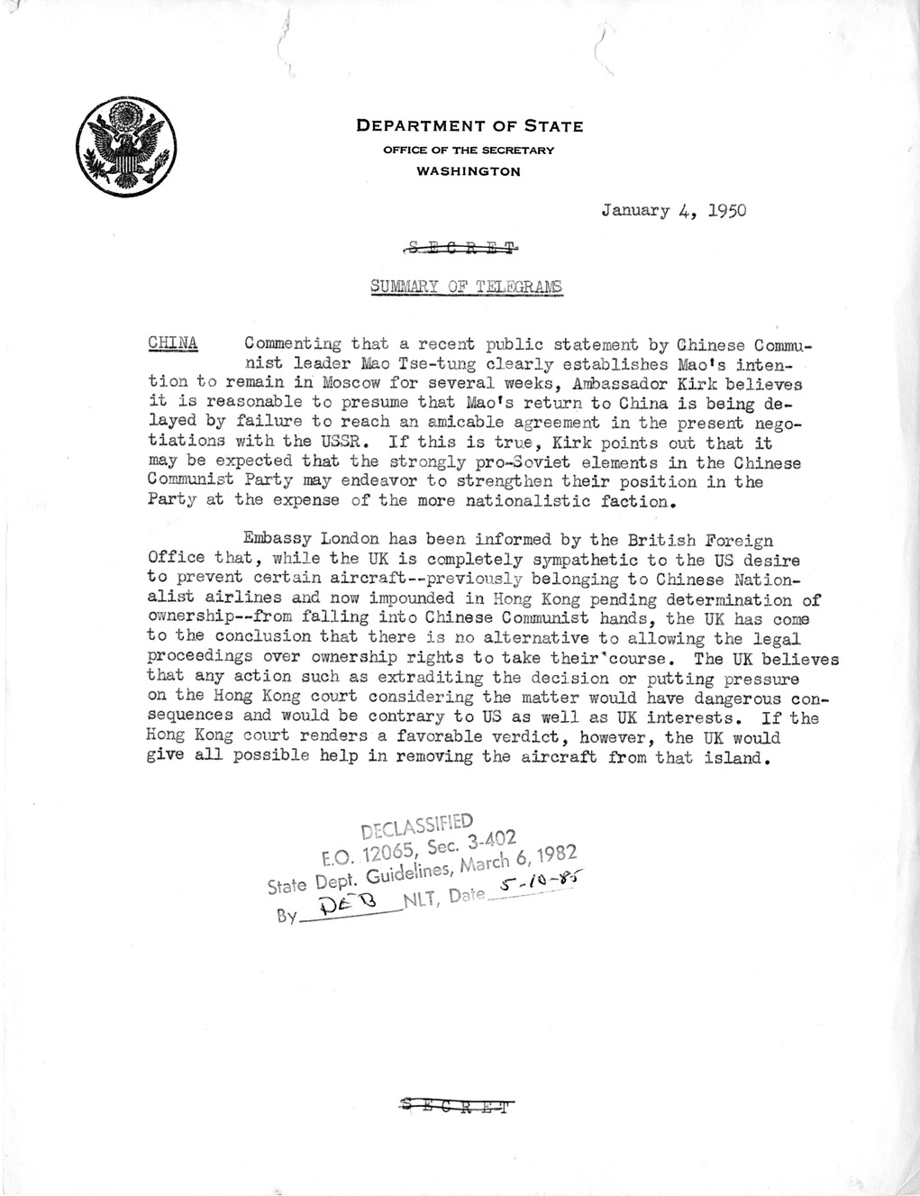 Memorandum, Department of State Summary of Telegrams