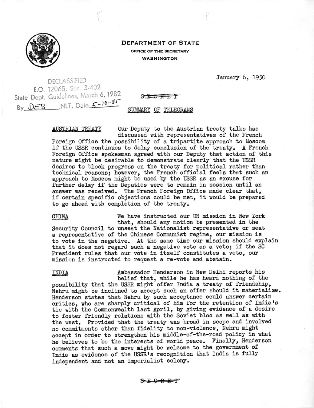 Memorandum, State Department Summary of Telegrams