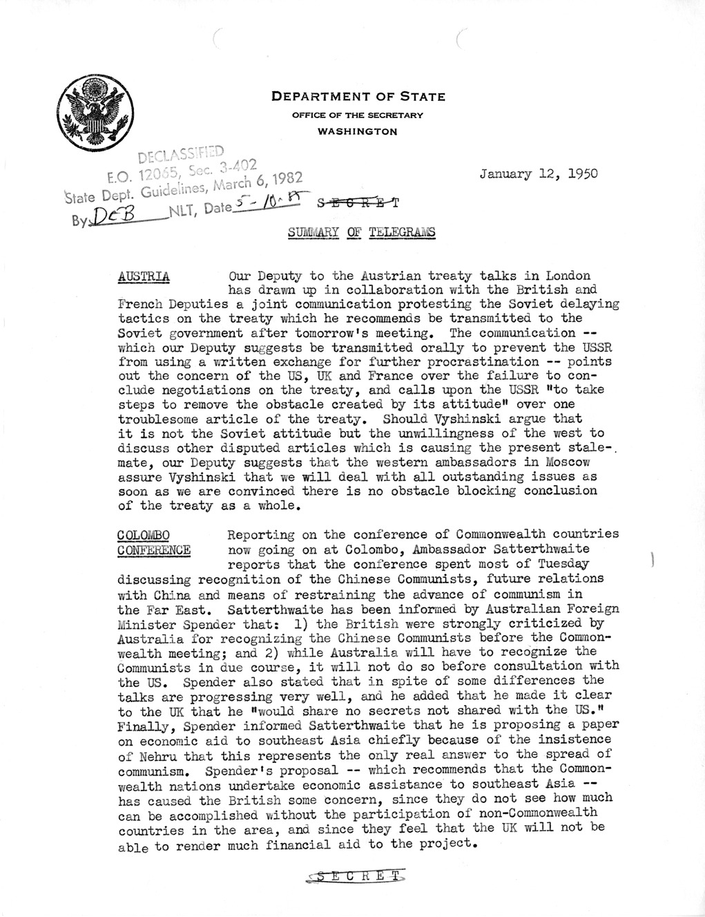 Memorandum, State Department Summary of Telegrams