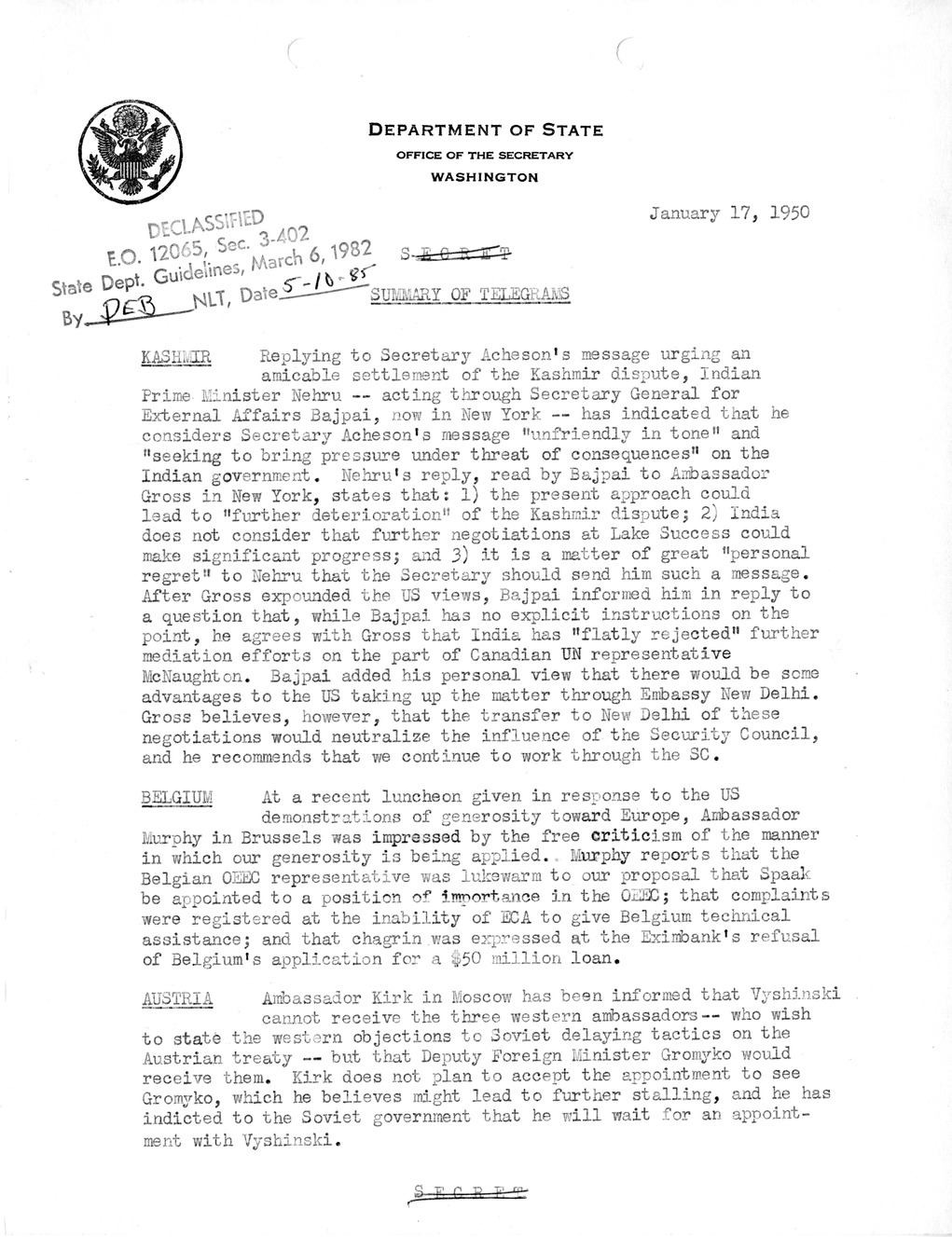 Memorandum, State Department Summary of Telegrams