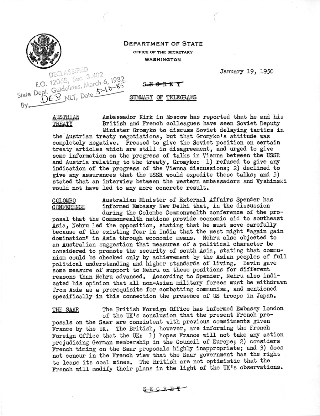 Memorandum, State Department Summary of Telegrams