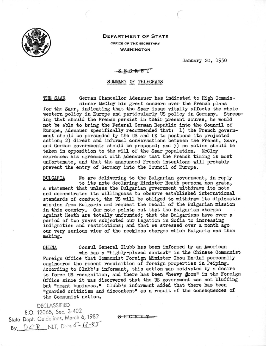 Memorandum, State Department Summary of Telegrams