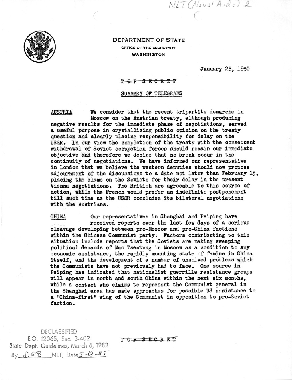 Memorandum, Department of State Summary of Telegrams