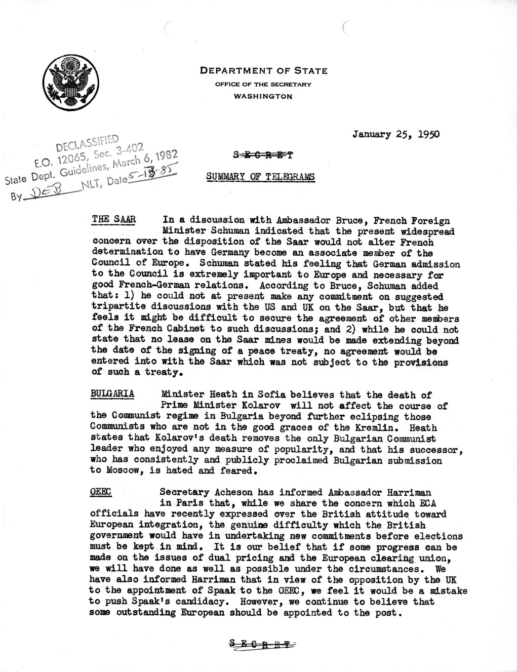 Memorandum, Department of State Summary of Telegrams