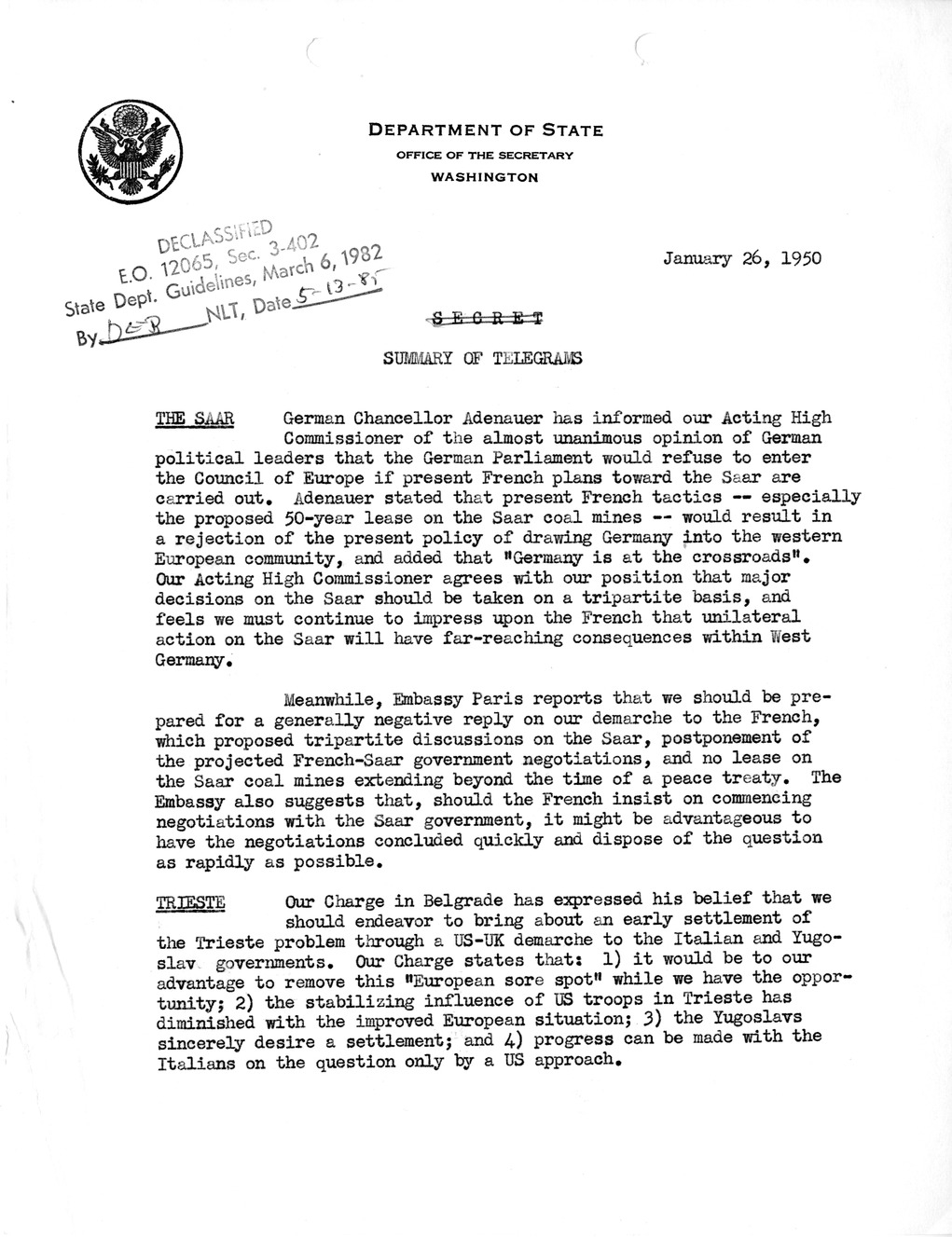 Memorandum, Department of State Summary of Telegrams