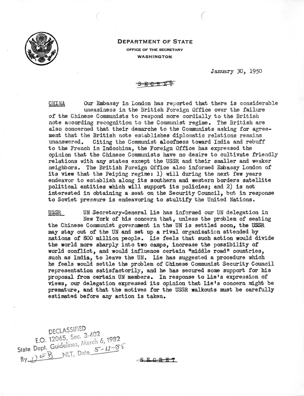 Memorandum, State Department Summary of Telegrams