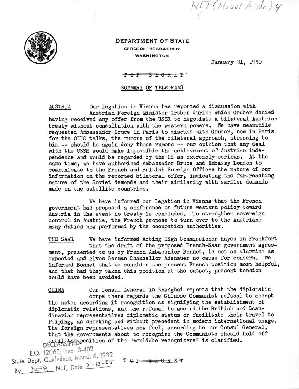 Memorandum, State Department Summary of Telegrams