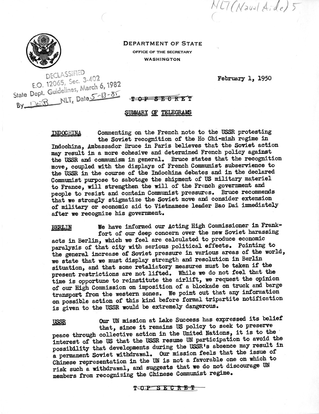 Memorandum, Department of State Summary of Telegrams