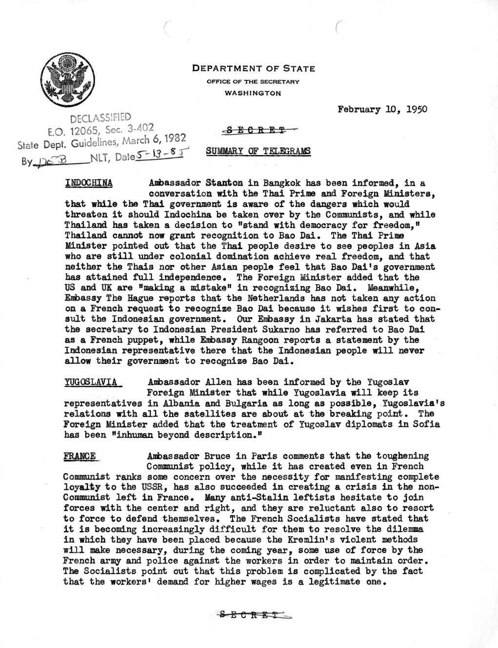 Memorandum, Department of State Summary of Telegrams