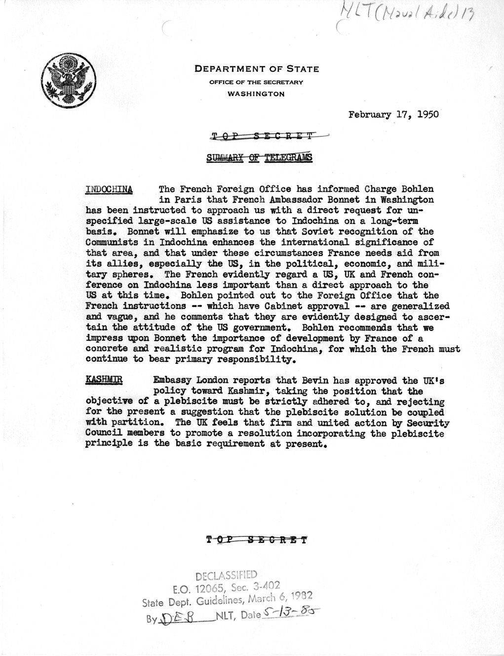 Memorandum, Department of State Summary of Telegrams