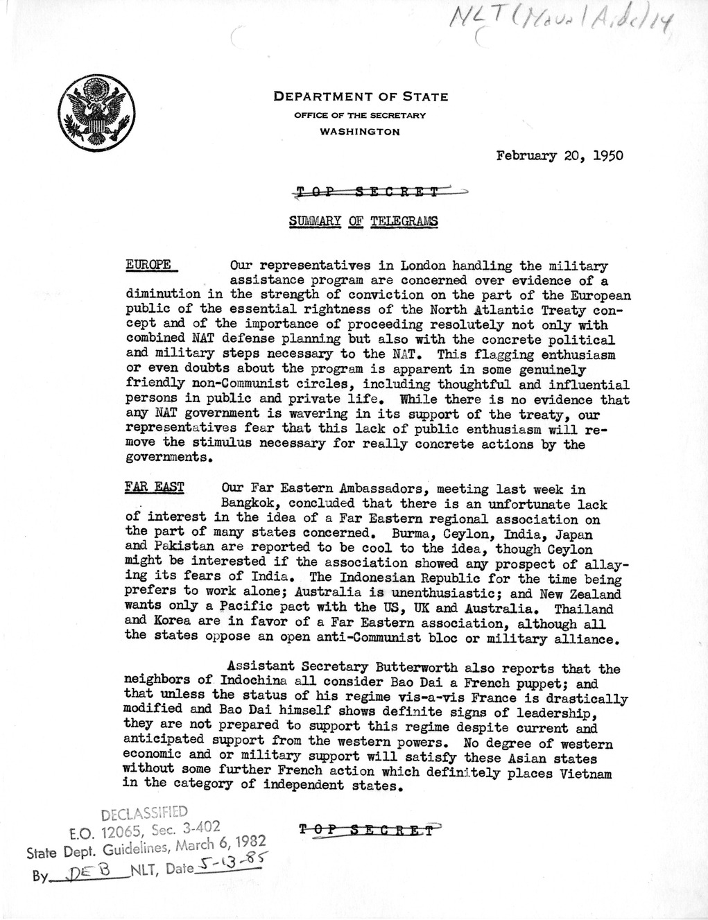 Memorandum, Department of State Summary of Telegrams