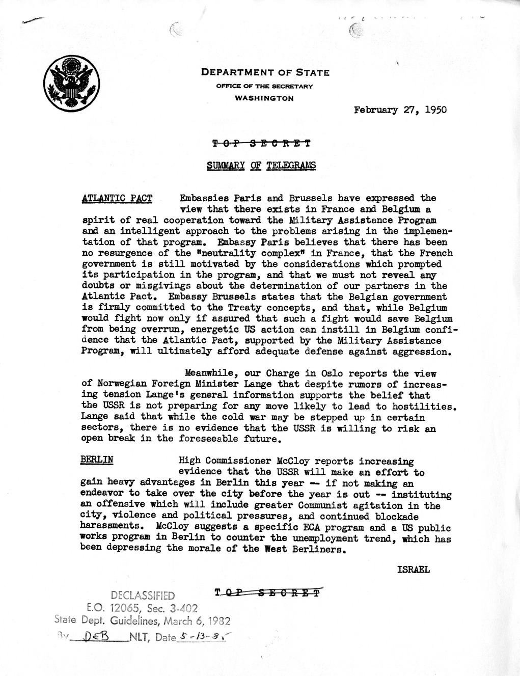 Memorandum, Department of State Summary of Telegrams [Sanitized]