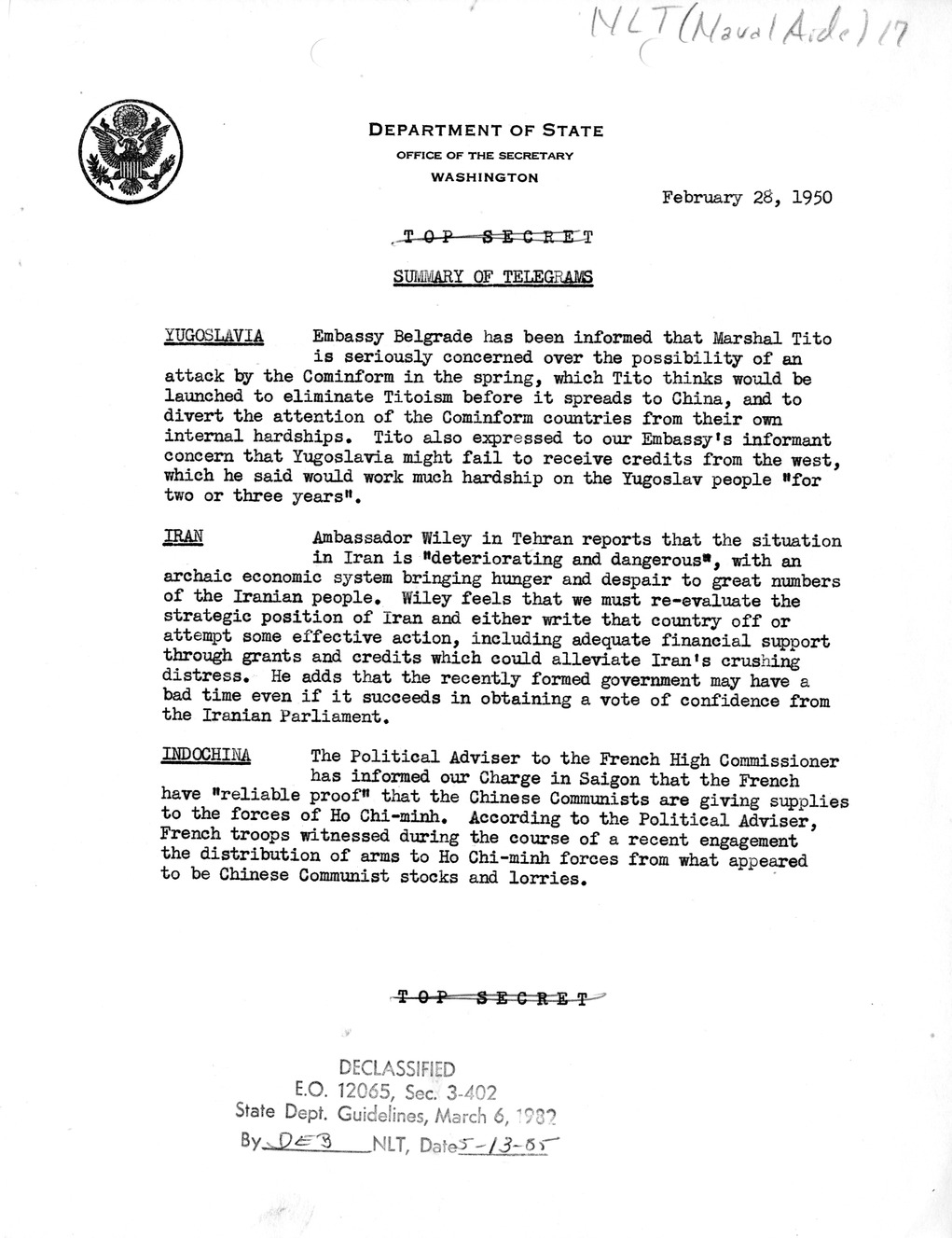 Memorandum, Department of State Summary of Telegrams