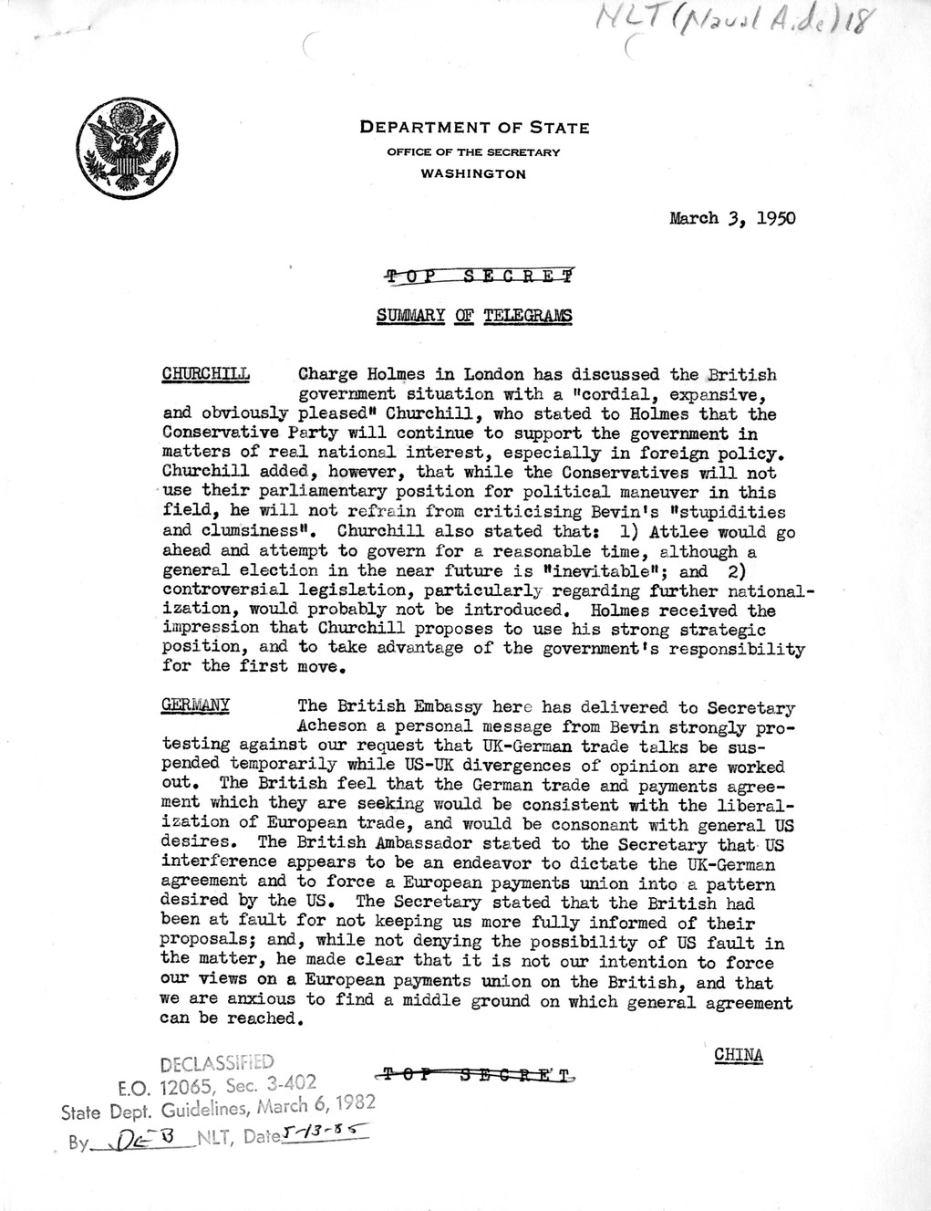 Memorandum, State Department Summary of Telegrams