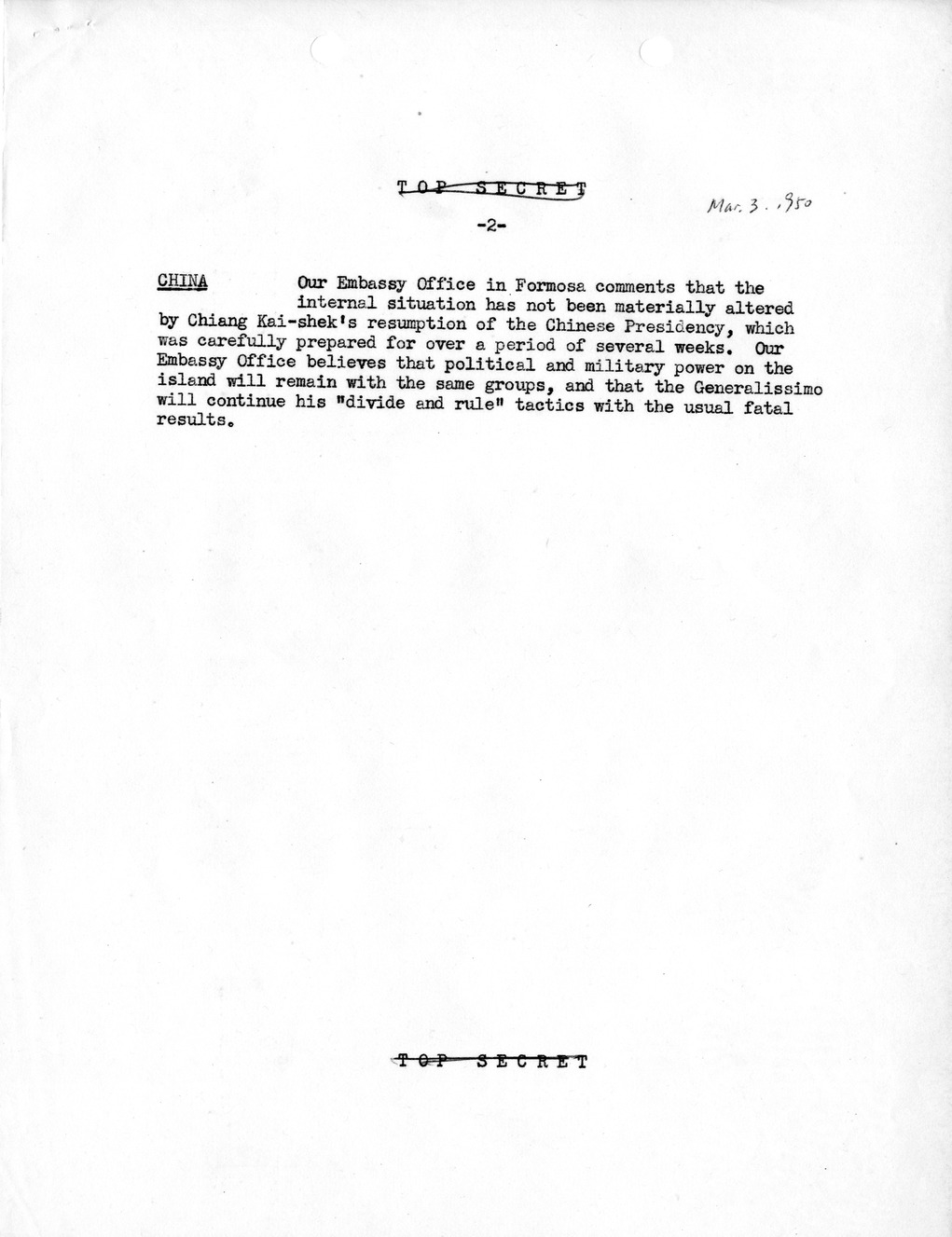 Memorandum, State Department Summary of Telegrams