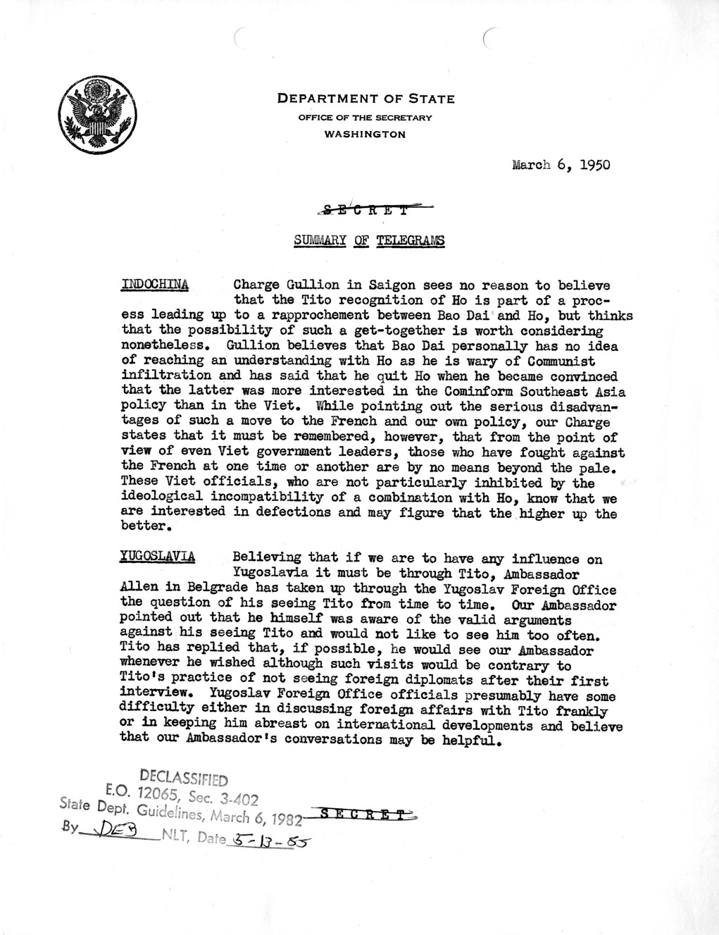 Memorandum, Department of State Summary of Telegrams