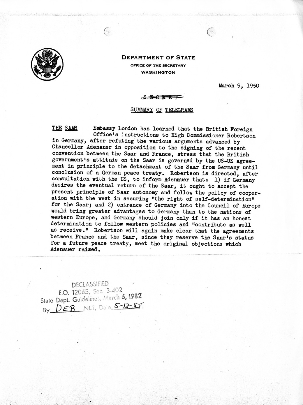 Memorandum, State Department Summary of Telegrams [Sanitized]