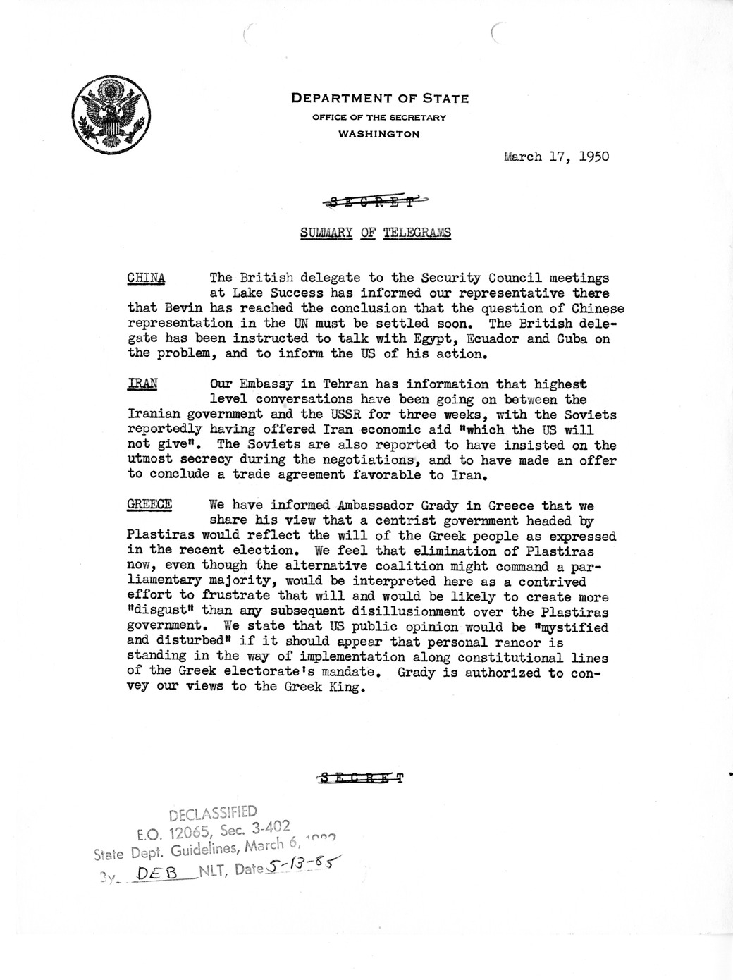 Memorandum Department of State Summary of Telegrams