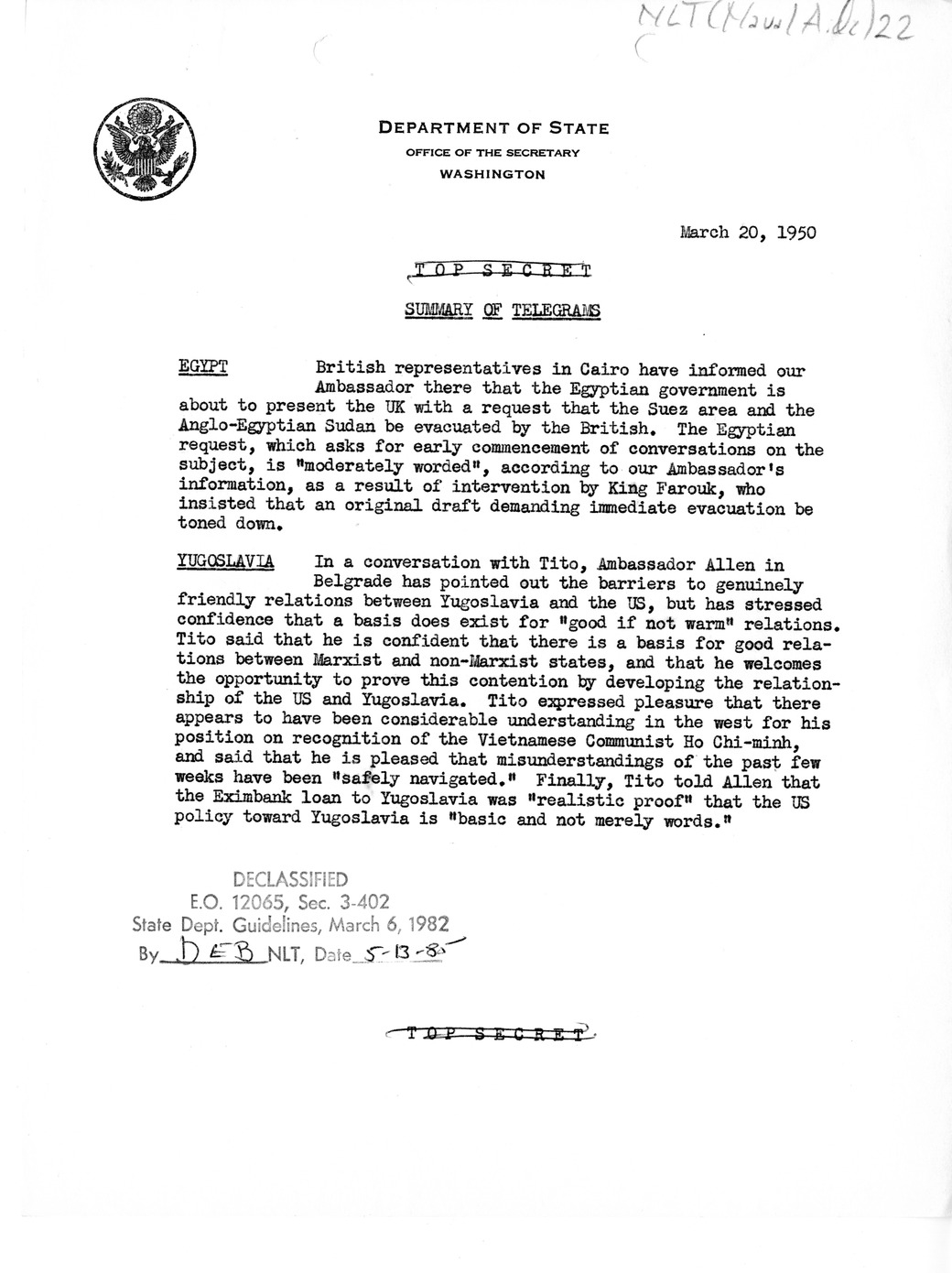 Memorandum, Department of State Summary of Telegrams