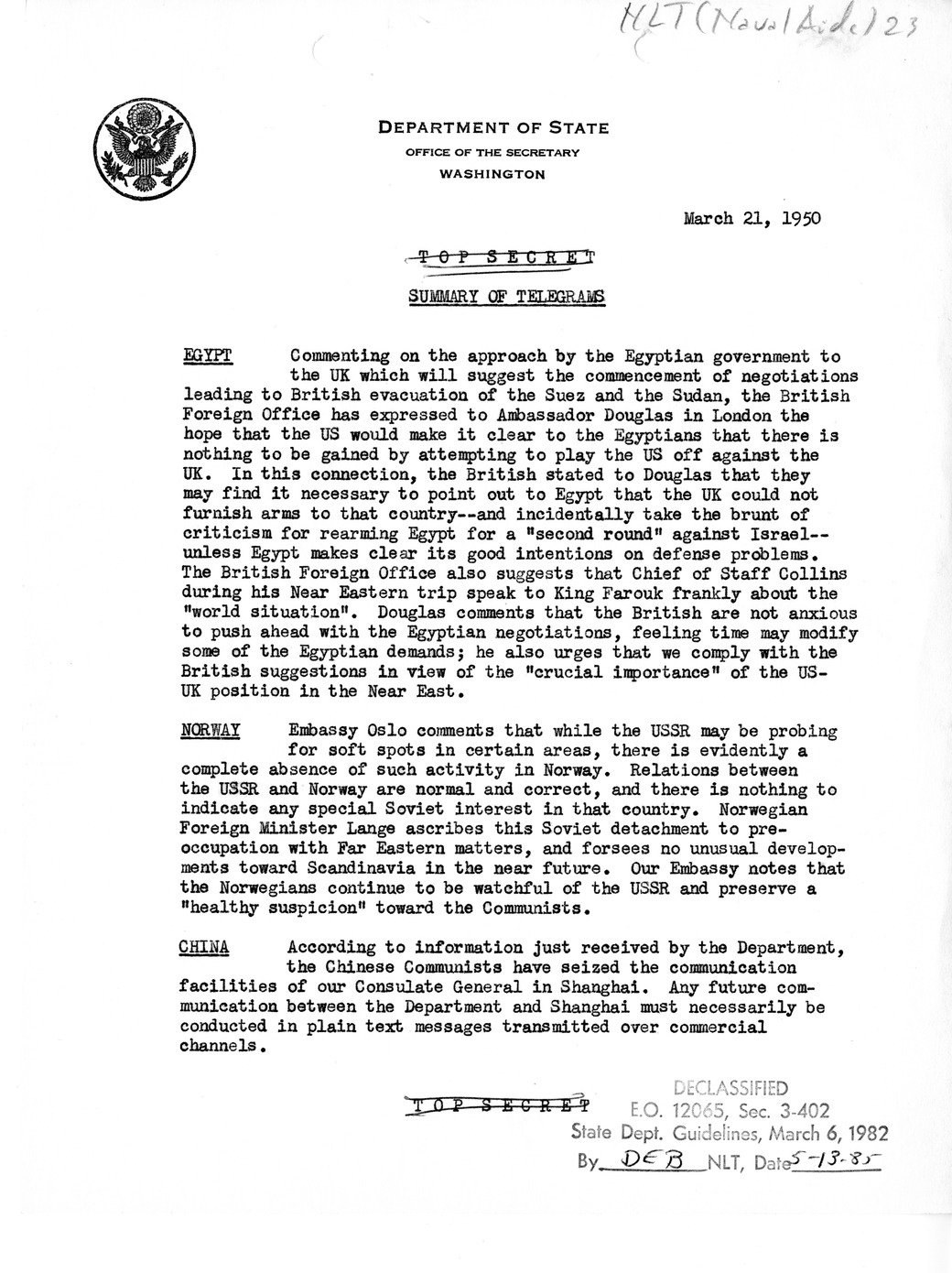 Memorandum, Department of State Summary of Telegrams