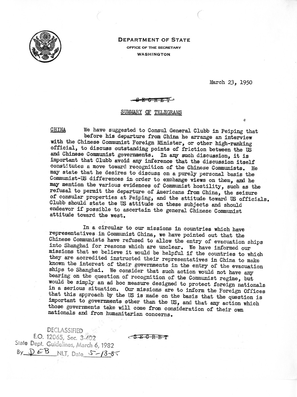 Memorandum, State Department Summary of Telegrams