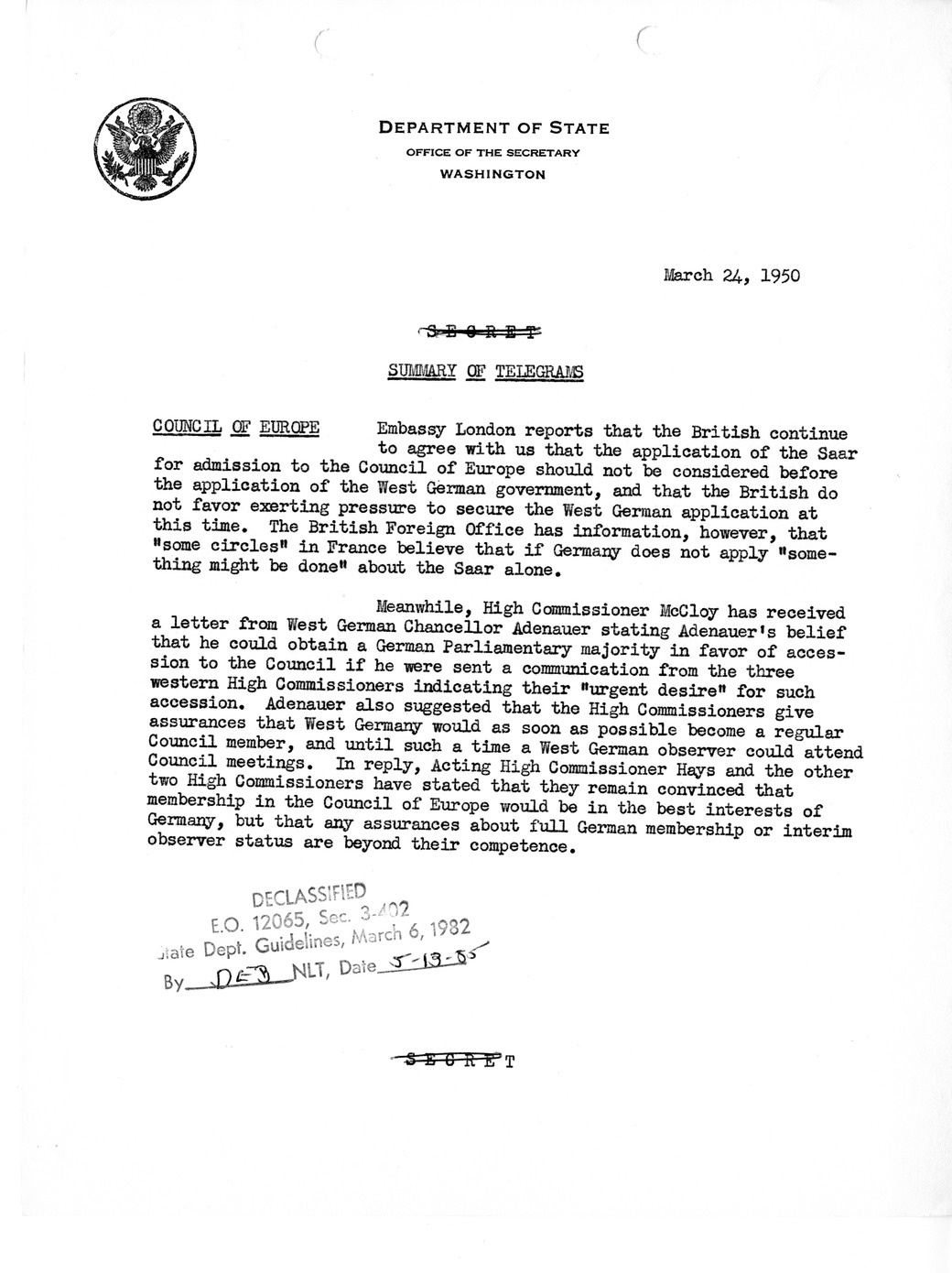 Memorandum, Department of State Summary of Telegrams